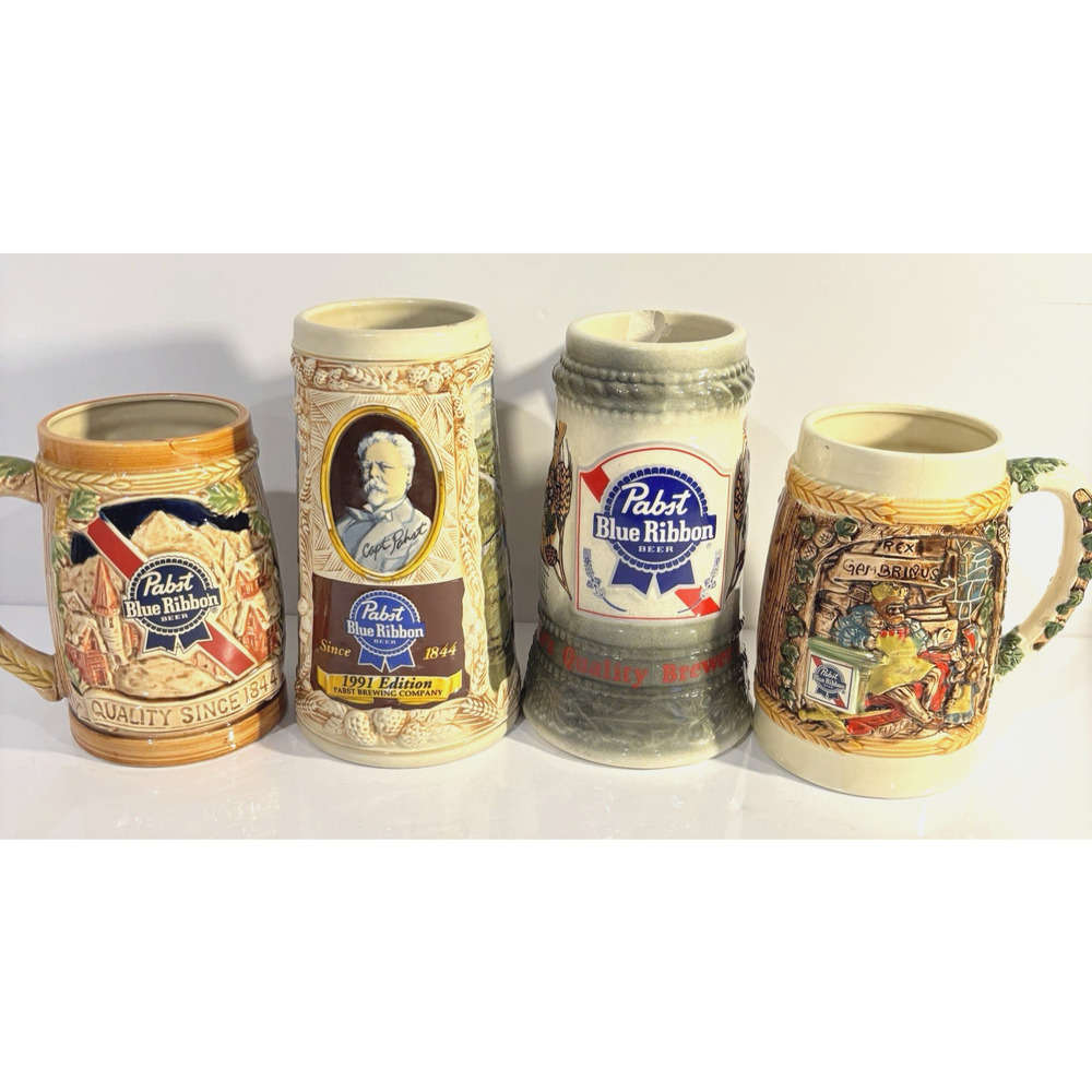 Vintage Pabst Blue Ribbon Ceramic Beer Stein Mug Lot Of 4 Collector Barware
